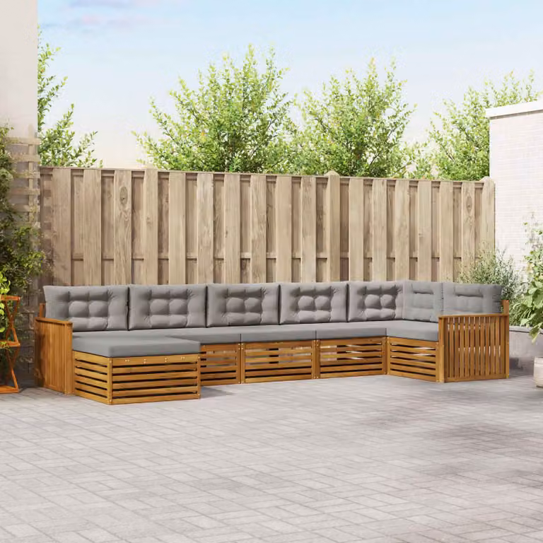 Set di divani da esterno vidaXL 7 pz in legno di acacia con cuscini, composizione a L con pouf e angolare, colore grigio e marrone