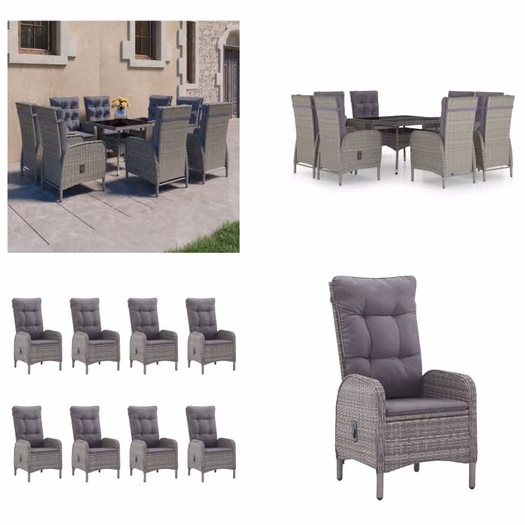 vidaXL Set da pranzo da giardino 9 pezzi in rattan e vetro grigio - Set di mobili da giardino - Set di mobili da giardino - Tavolo e sedie da giardino - Tavoli e sedie da giardino
