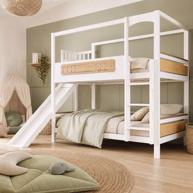Letto a castello 90x200 cm bianco e naturale, struttura in legno con scivolo