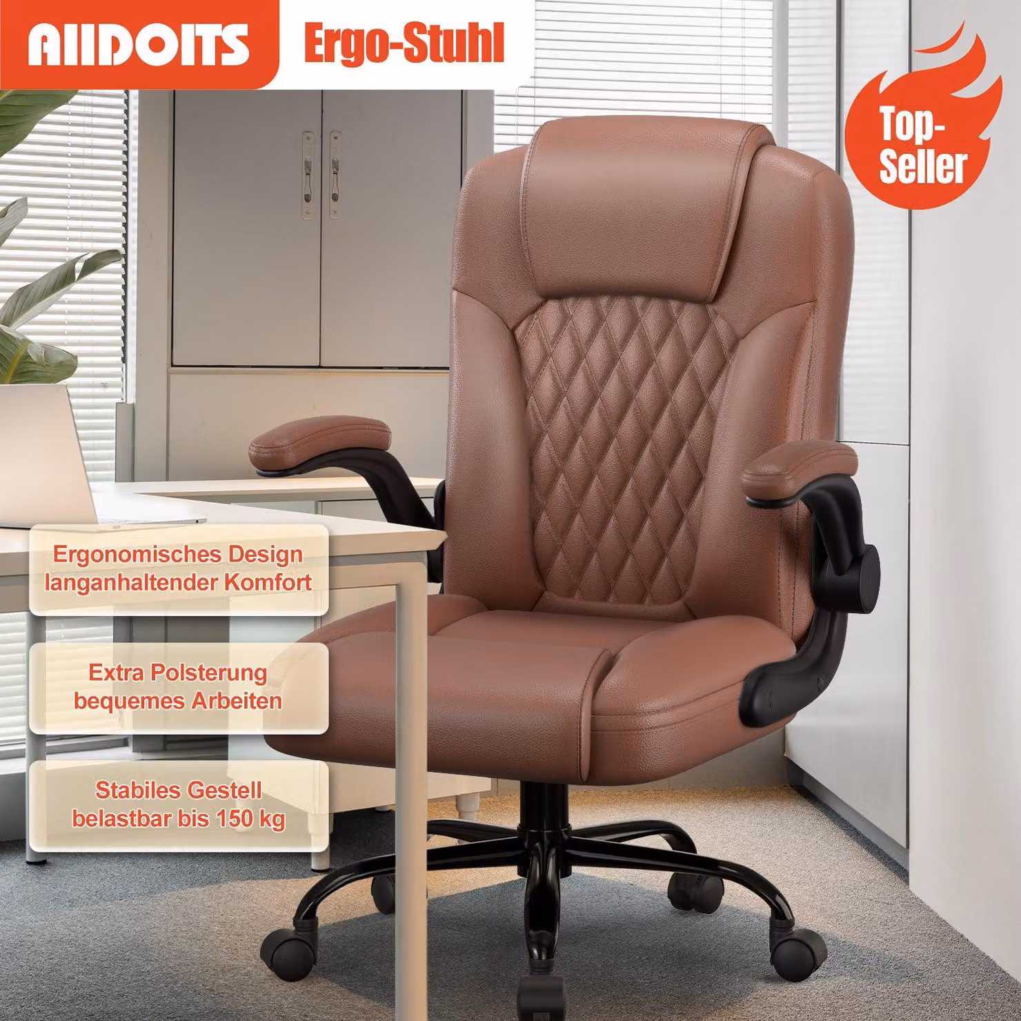 Sedia da ufficio con una capacità di carico di 150 kg, sedia da ufficio ergonomica, sedia girevole, con altezza regolabile, sedia da ufficio in pelle