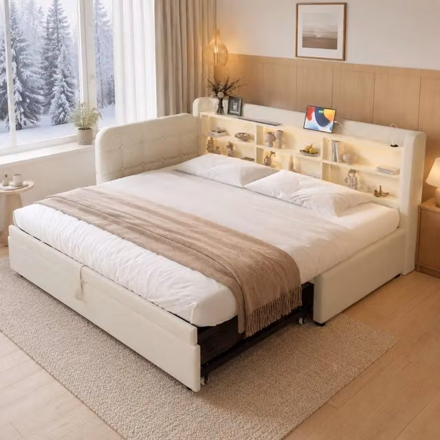 Letto Divano Estraibile REDOM in Lino Beige con Porte USB e Tipo C, L/P: 90 x 200 cm