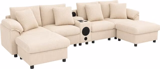 Divano modulare ad angolo a U e L in velluto a coste beige con altoparlante Bluetooth, consolle multifunzione, contenitore e ricarica wireless