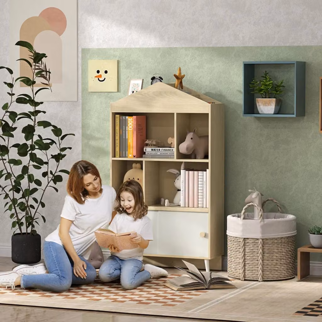 Libreria per bambini GIORDANOSHOP con ripiani aperti e armadietto, design moderno in bianco e legno, L 80 cm x P 30 cm x H 140,5 cm – 2