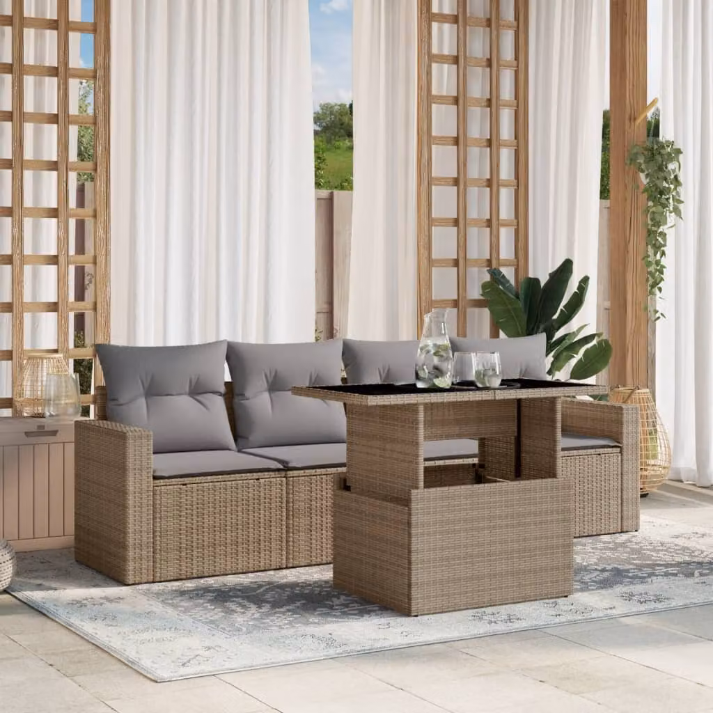 vidaXL Set Divano da Giardino 5 pz Moderno con Cuscini Beige e Tavolino in Metallo e Vetro per Terrazza e Giardino – 1