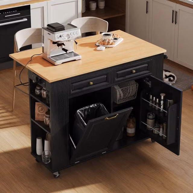 Isola cucina con ruote e piano estensibile 120 x 40-70 x 92 cm in MDF nero e naturale
