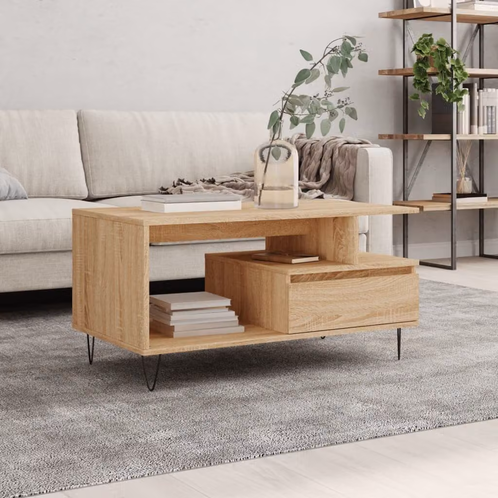 vidaXL Tavolino da Salotto Moderno in Legno e Metallo Colore Rovere, L 90 x P 49 x H 45 cm