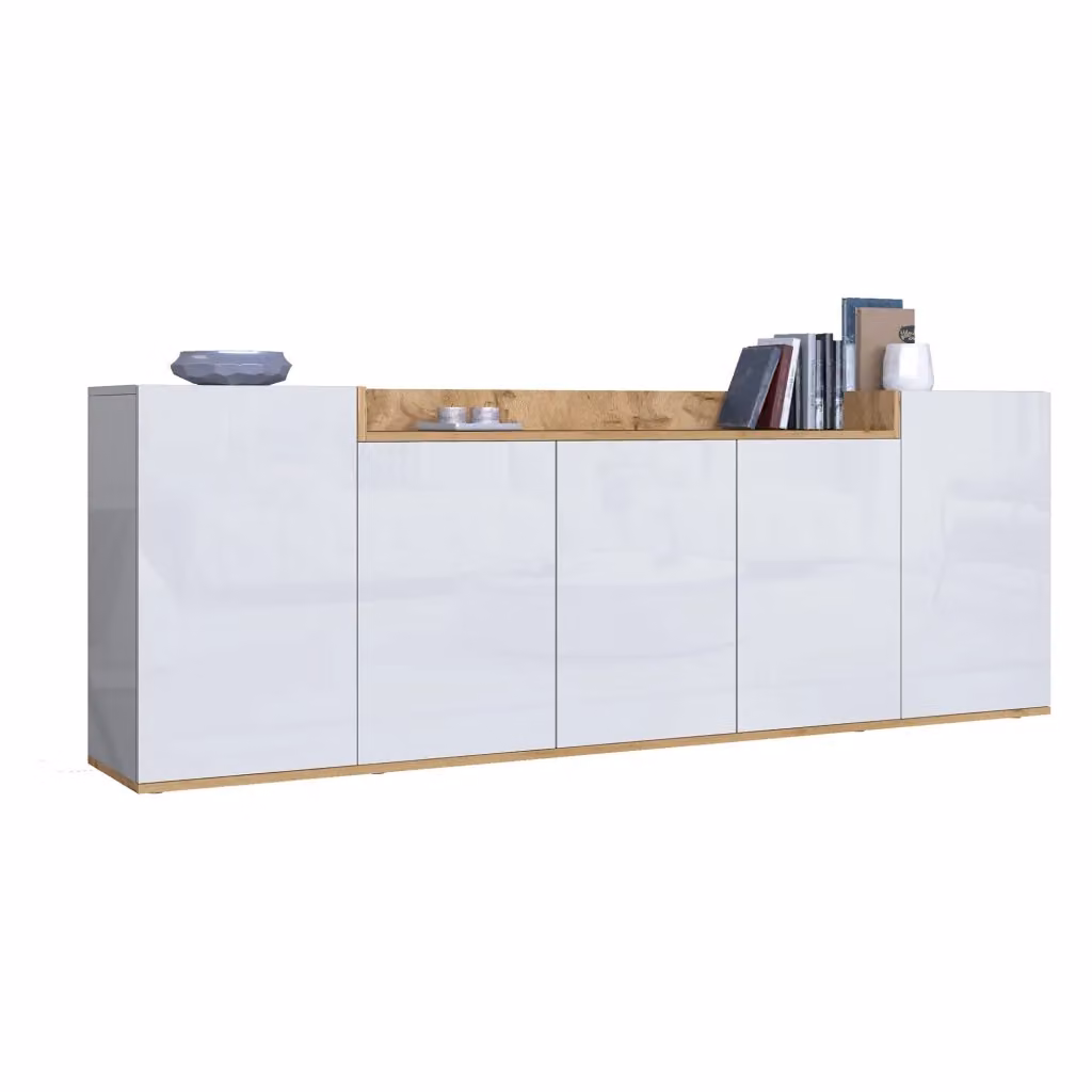 Madia Cordele DMORA, Credenza moderna con 7 ripiani in finitura bianco lucido e rovere, L: 200 cm, P: 35 cm, H: 70 cm – 2