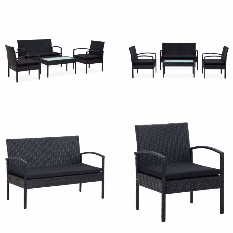 vidaXL Set salotto da giardino 4 pezzi con cuscini in poly rattan nero - Set divano da giardino - Set divano da giardino - Set salotto da giardino - Set salotto da giardino