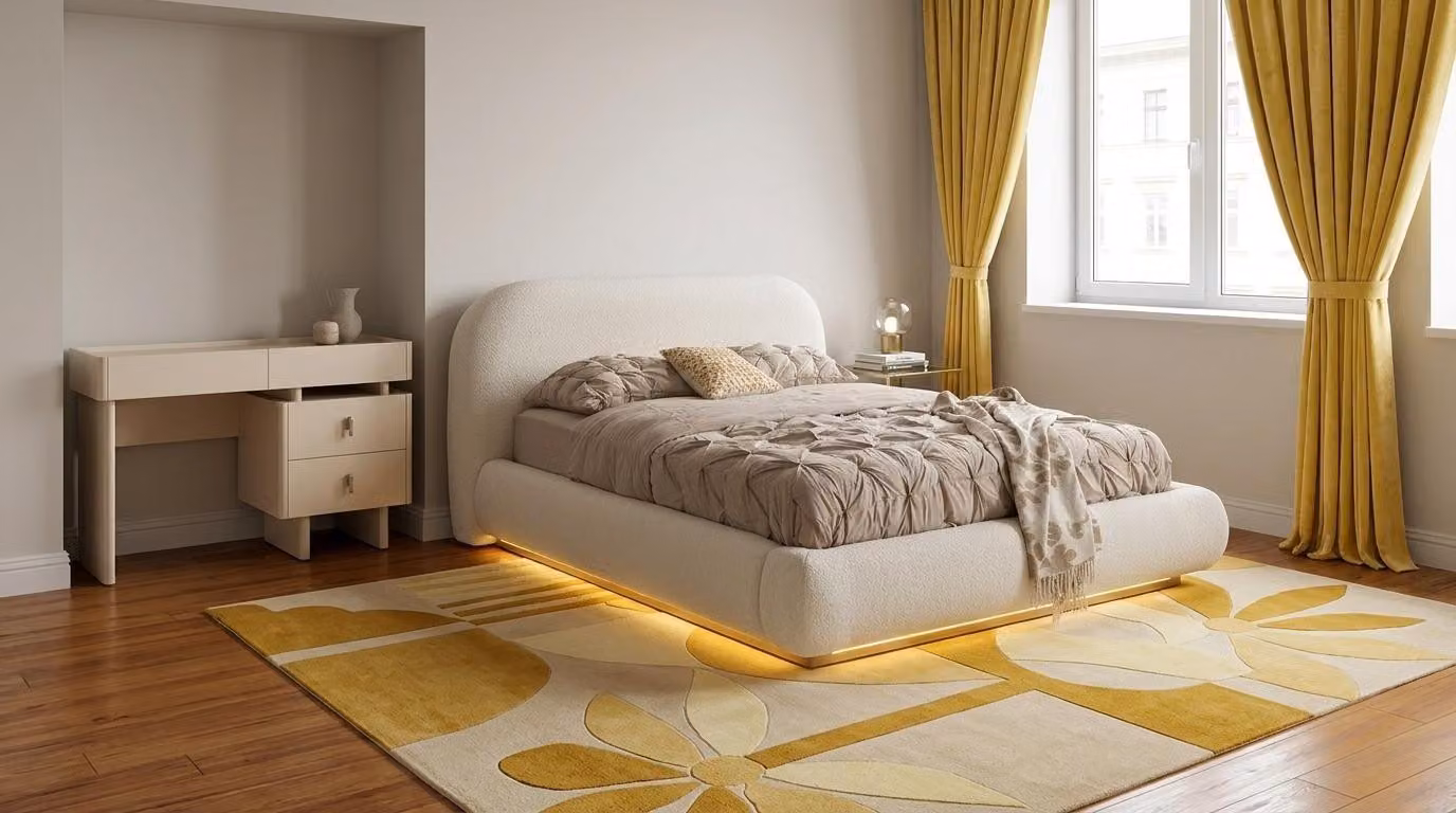 Set per camera da letto: letto, comodino. Design moderno, colore beige, stile semplice e versatile