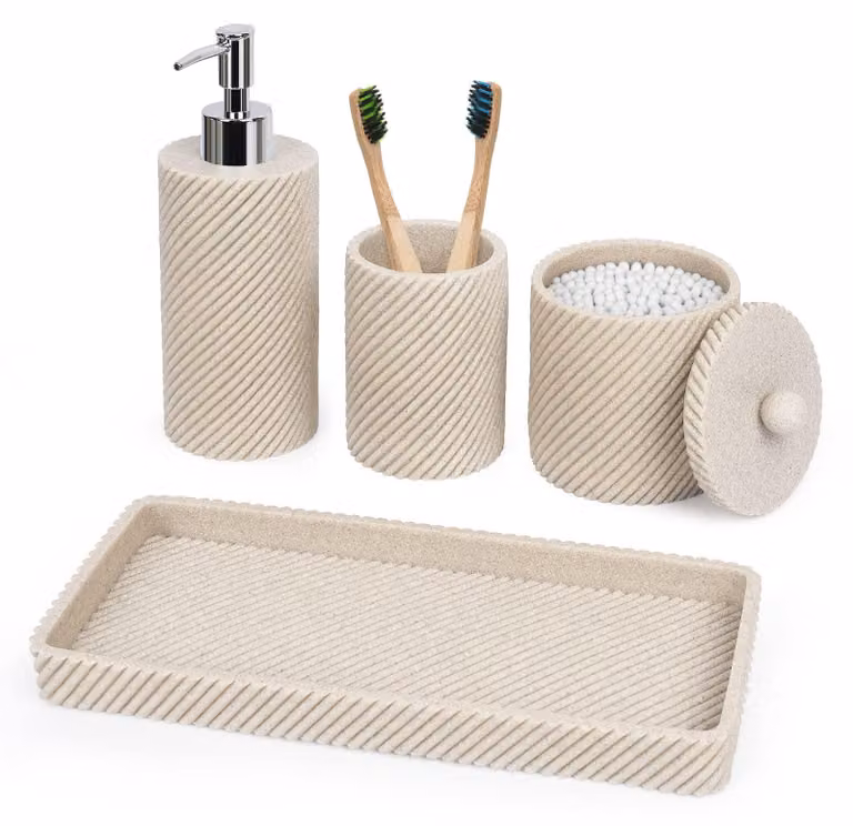 Set di accessori per il bagno, composto da 4 pezzi: dispenser per lozione e sapone, porta spazzolini e contenitore per Cotone fioc