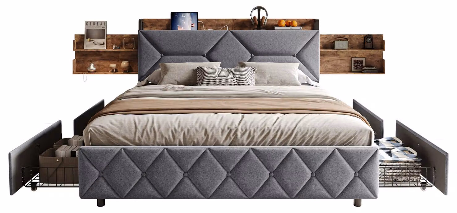 Moonbite Bett, 160x200 cm, struttura in legno e metallo, con 4 cassetti, poggiatesta ergonomico inclinabile a 95°, porta USB-C, capacità di carico fino a 450 kg