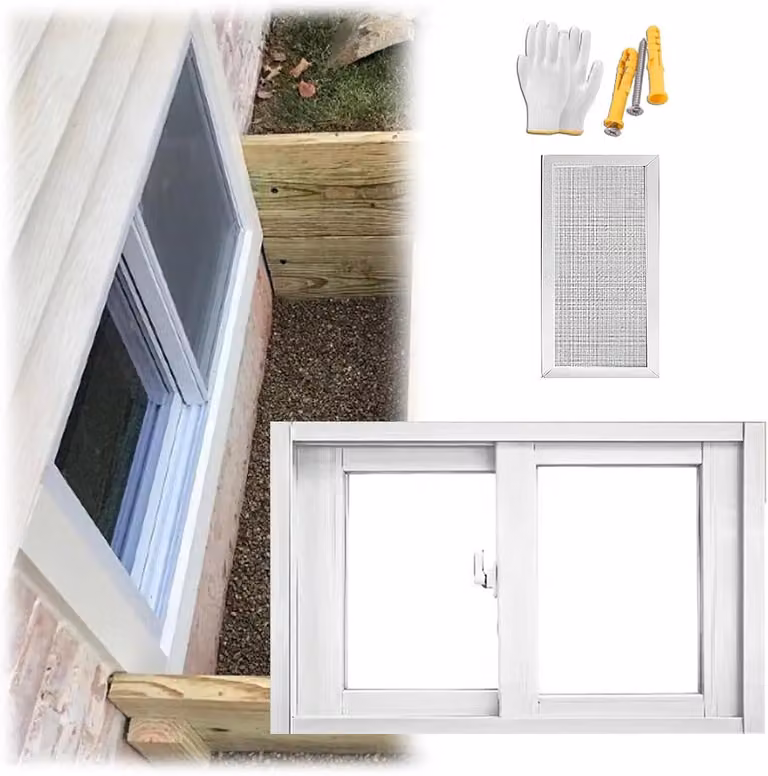 Finestra di ricambio bianca per cantine, disponibile nelle dimensioni 76,2 x 30,5 cm, 76,2 x 38,1 cm, 76,2 x 45,7 cm e 101,6 x 50,8 cm, adatta per capannoni, pollai, bagni e camper