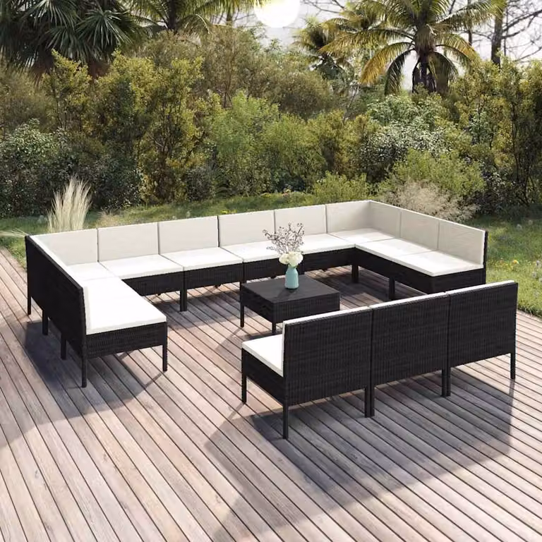 Set Divani da Giardino vidaXL 14 Pezzi a Forma di U con Tavolino e Cuscini, Colore Nero e Bianco
