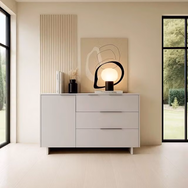 Credenza Rubiera, Madia da salotto con un'anta battente e tre cassetti, Rialzato da terra, 120x42 h90 cm, Beige