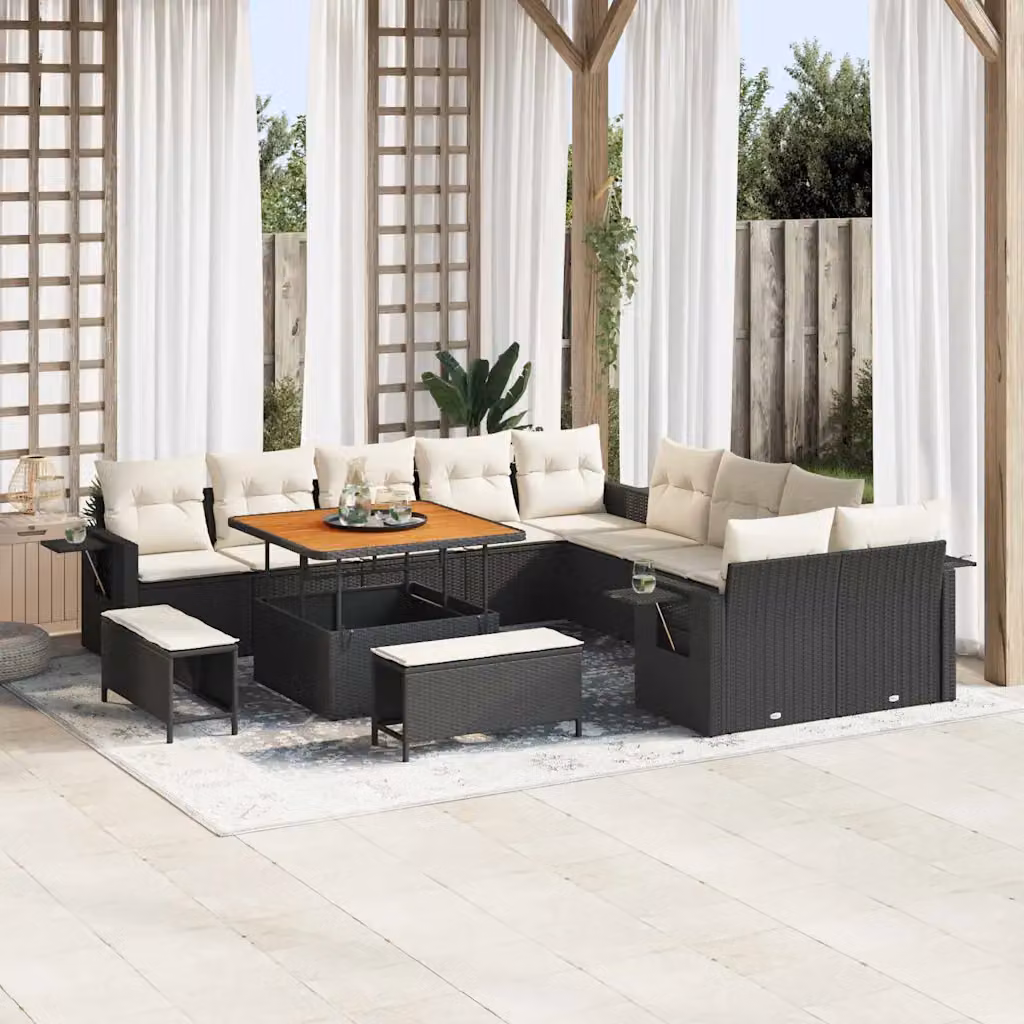 Set Divano da Giardino vidaXL 13 Pezzi a Forma di U con Cuscini e Tavolino Nero in Polyrattan e Acciaio – 1