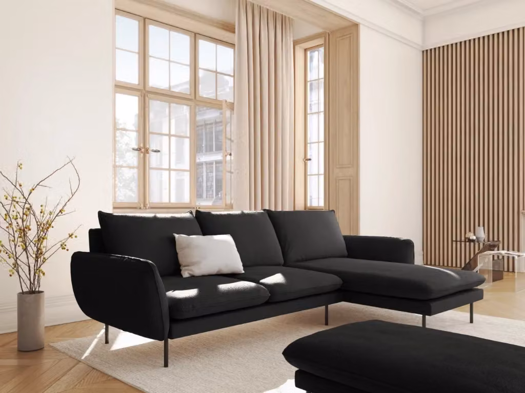 Divano angolare destro Vienna di Cosmopolitan Design, modello a 5 posti in bouclé nero con design moderno e cuscini inclusi, L/P/H: 255 x 130 x 95 cm – 2