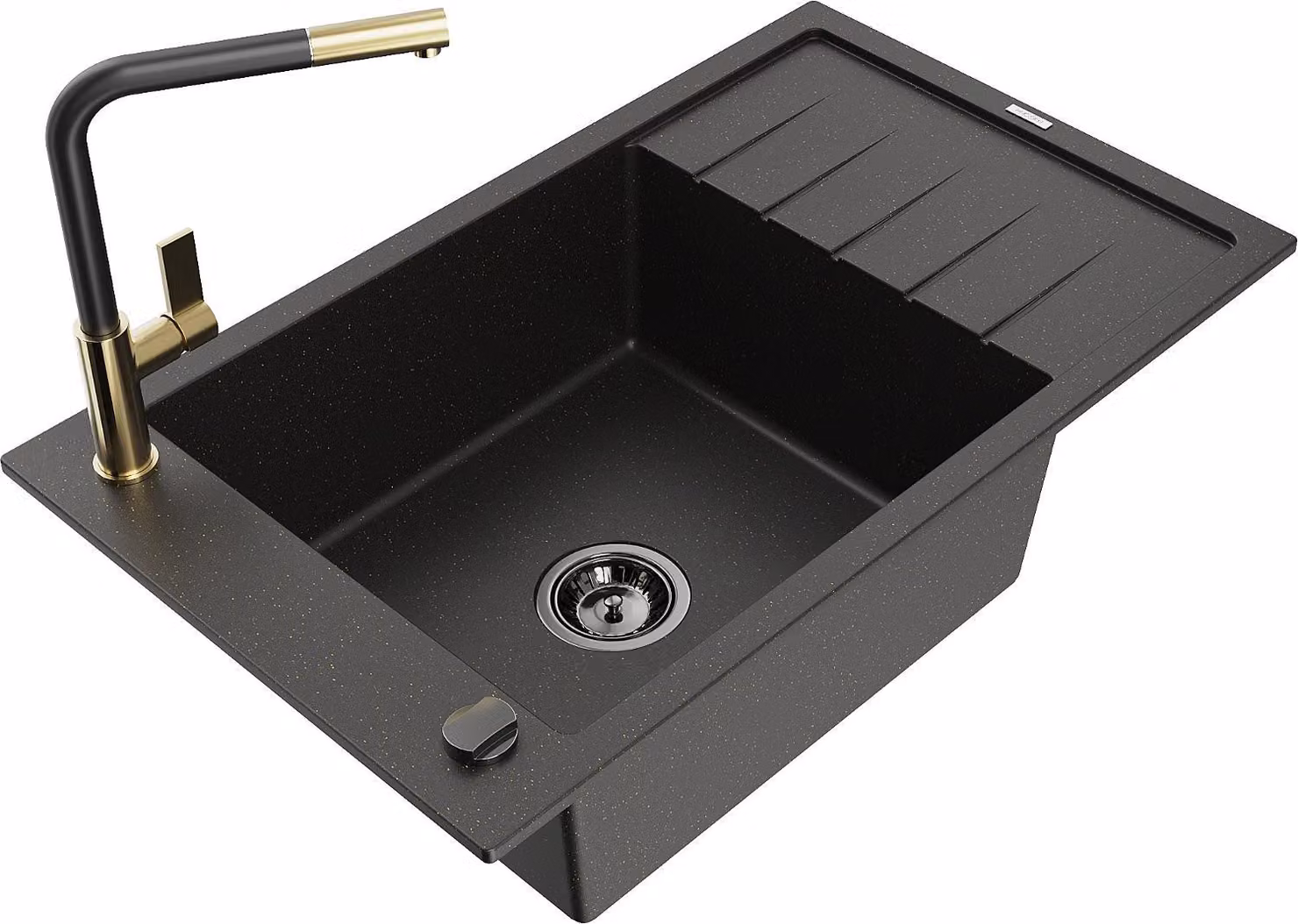 Mexen Elias lavello in granito a 1 vasca con scolapiatti e rubinetto da cucina Flora, nero/oro metallizzato