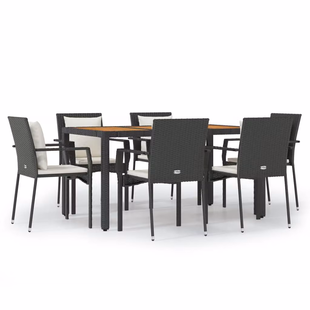 Set da Pranzo da Giardino 7 pz Nero con Cuscini in Polyrattan