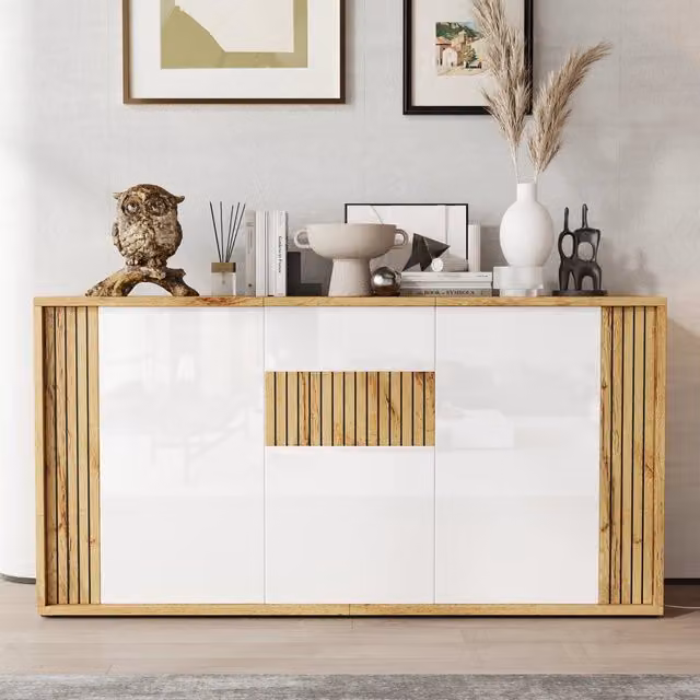 Credenza e madia con 3 ante, 6 vani e apertura a pressione, finitura bianco e legno naturale, 140 × 35 × 71 cm