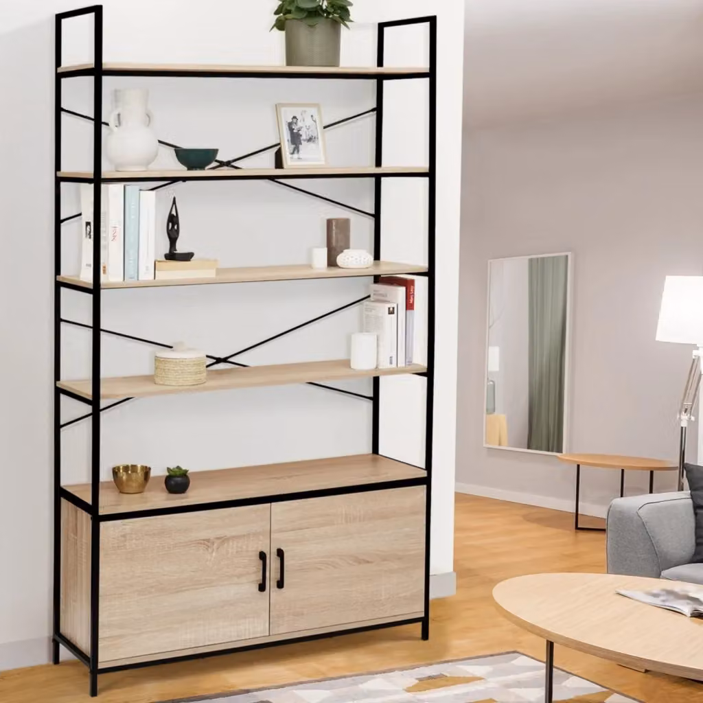 Scaffale XL IDMarket DETROIT con armadietto e 5 livelli in stile industriale, colore nero e marrone, H: 170 cm, L: 30 cm, P: 30 cm – 2