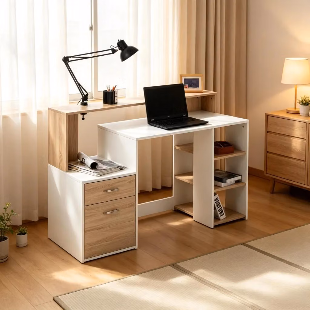 Scrivania Mivray per home office e camera da letto, design moderno in MDF bianco e rovere, L/P/H: 137 x 55 x 92 cm – 2