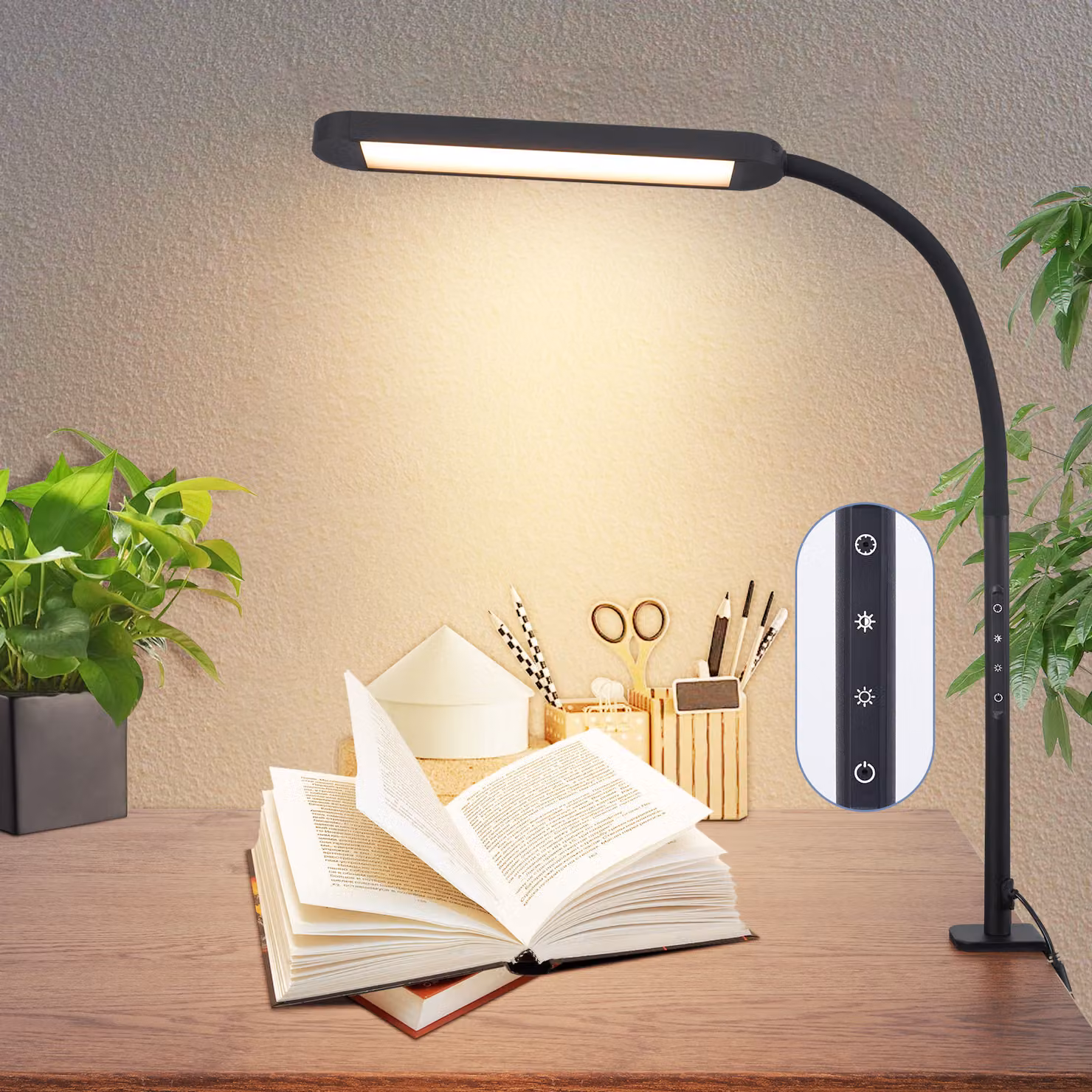 ZMH Lampada da scrivania LED Dimmerabile Morsettibile Nero Lampada da lavoro 11W Lampada da ufficio Lampada a luce diurna Protezione degli occhi Temperature di colore regolabili Lampada da tavolo con funzione timer Funzione di ricarica