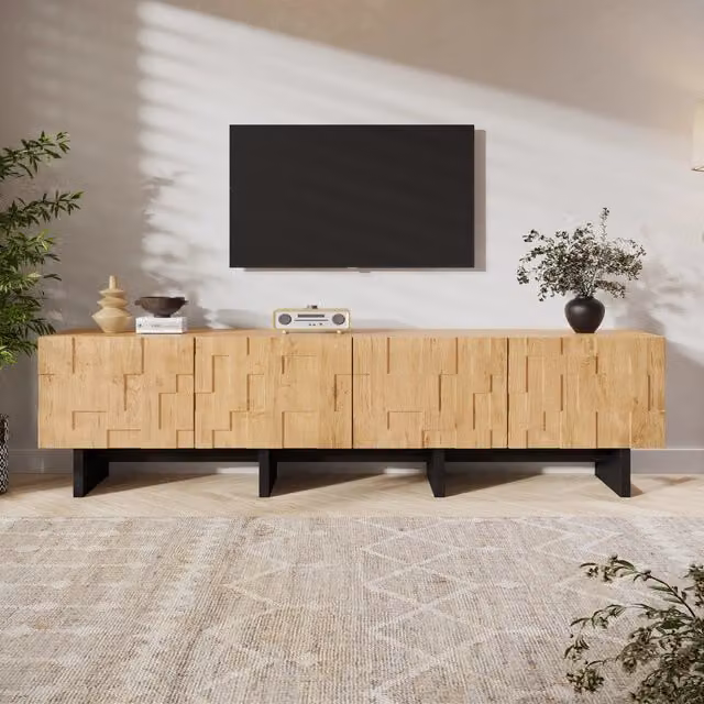 Mobile TV 180x38,5x45 cm per TV fino a 75", colore legno naturale, 4 ante con motivo a griglia waffle, ampio spazio contenitivo