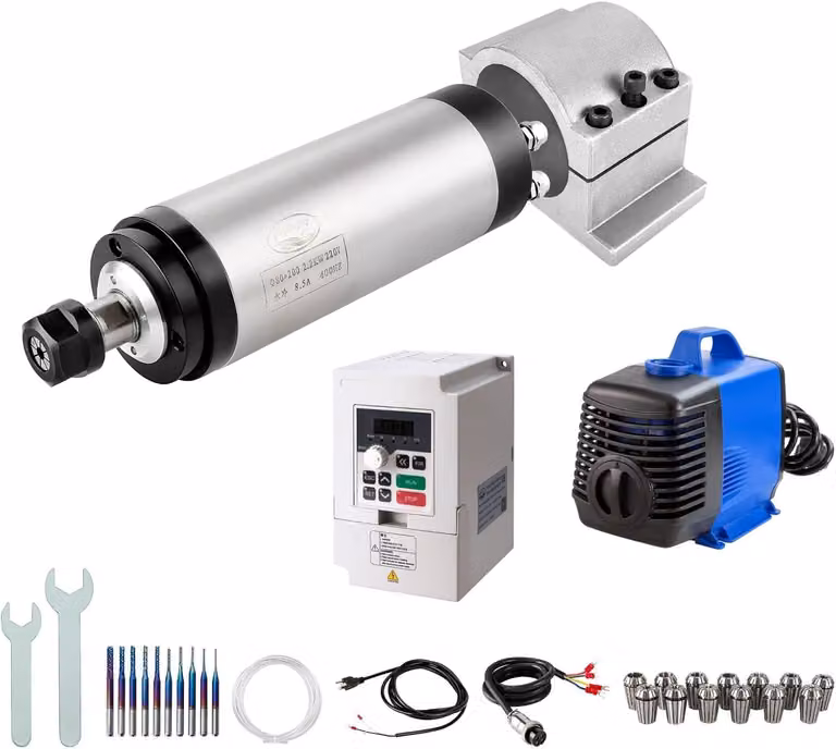Kit motore mandrino CNC, 220 V, 2,2 kW, 80 mm, raffreddamento a liquido, composto da: motore CNC, inverter VFD da 2,2 kW, sistema di montaggio a morsetto, pompa dell'acqua, tubo flessibile per l'acqua, set di guarnizioni, punte e cavi