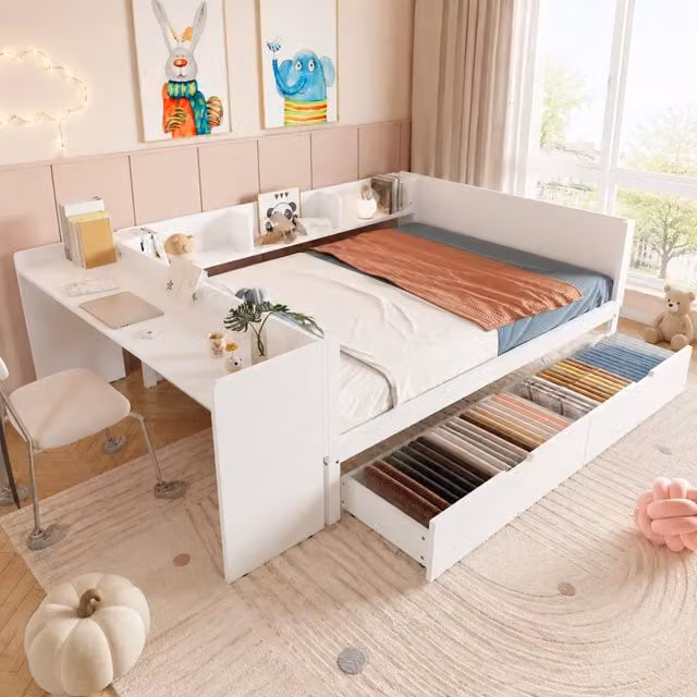 Letto Mivray con scrivania, 2 cassetti e 3 ripiani in legno di pino e pannelli bianchi, L/P/H: 140 x 200 cm