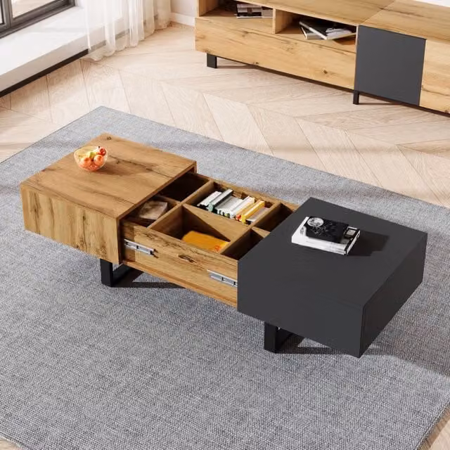 Tavolino basso fisso scorrevole con vani portaoggetti in pannello truciolare e metallo per soggiorno 100 × 40 × 55 cm