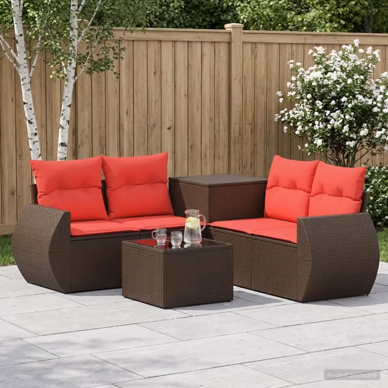 Set di divani da giardino vidaXL 6 pezzi in rattan e acciaio con cuscini marrone e rosso