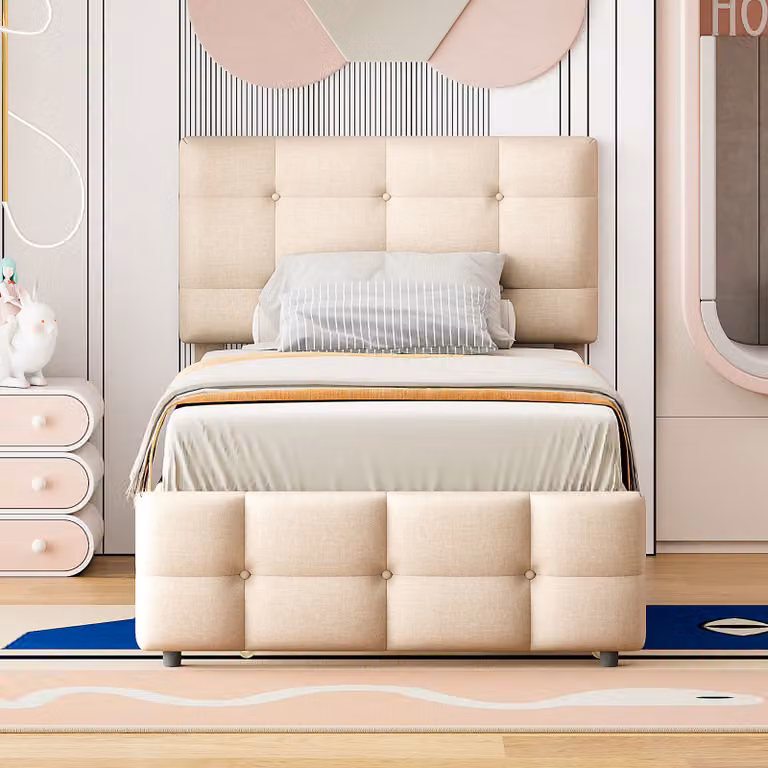 okwish Letto imbottito 90 x 200 cm con letto estraibile, Testata regolabile, Beige