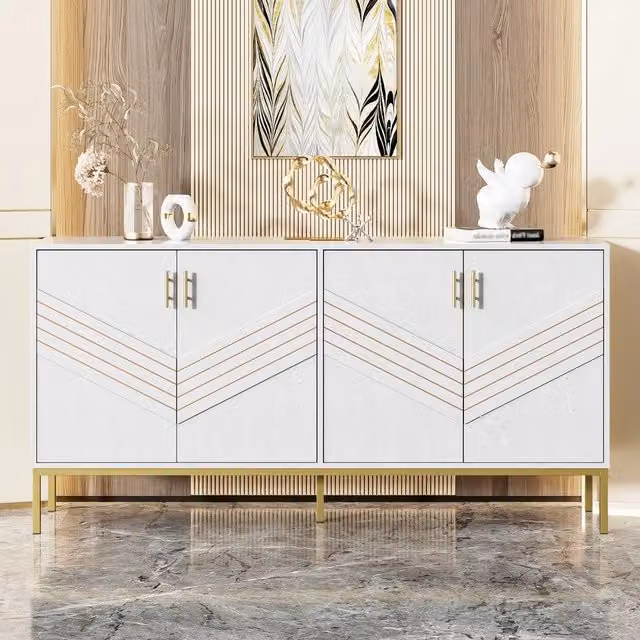 Credenza Moderna con 4 Ante ¨C MINIMAL ¨C Bianco e Oro, MDF, Gambe in Metallo, Ripiani Regolabili