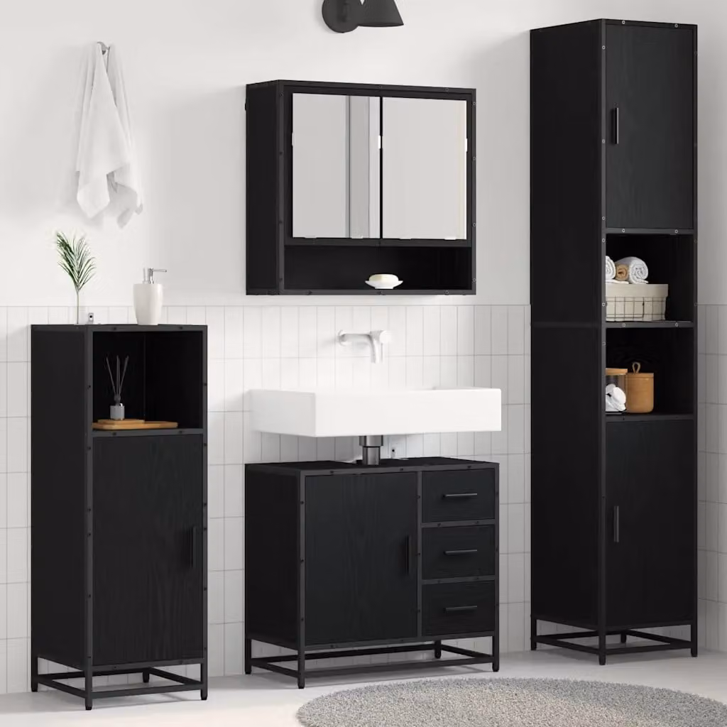 Set di mobili per il bagno moderno vidaXL 4 pezzi in rovere e nero con illuminazione LED e specchio – 1