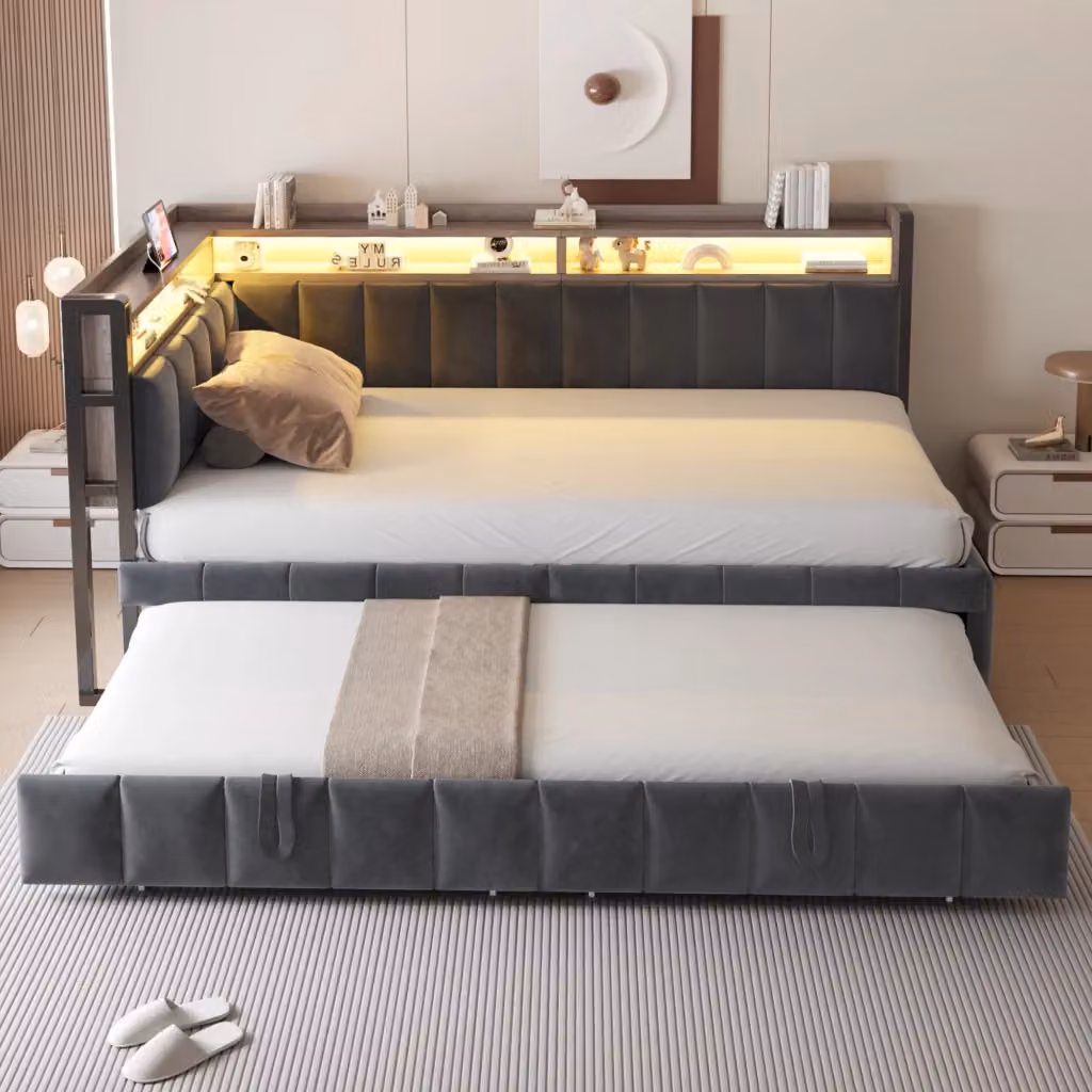 Letto singolo estraibile moderno in tessuto grigio con illuminazione LED, ripiani e porte USB e Type-C, L/P/H: 90 x 200 x 101,5 cm – 2