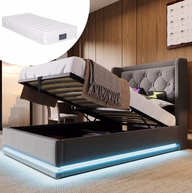 Letto imbottito contenitore 90x200 cm in cotone grigio con USB Type-C e LED