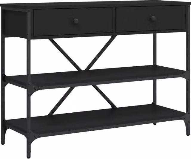 Tavolino Consolle Rettangolare Design In Nero con Ripiani in Legno e Metallo L: 100 cm, P: 34,5 cm, H: 75 cm – 1