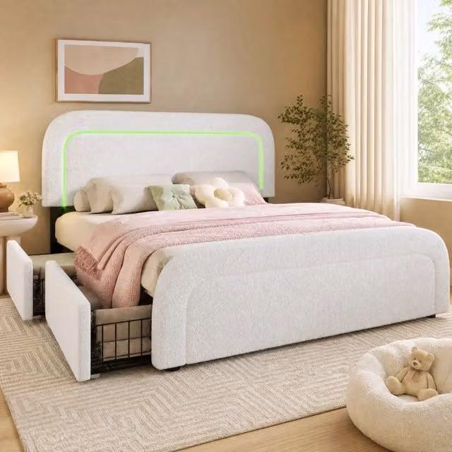 Letto matrimoniale REDOM imbottito bianco con 4 cassetti, porta USB Type-C, luci LED e lettura integrata, L/P/H: 160 x 200 x 170 cm