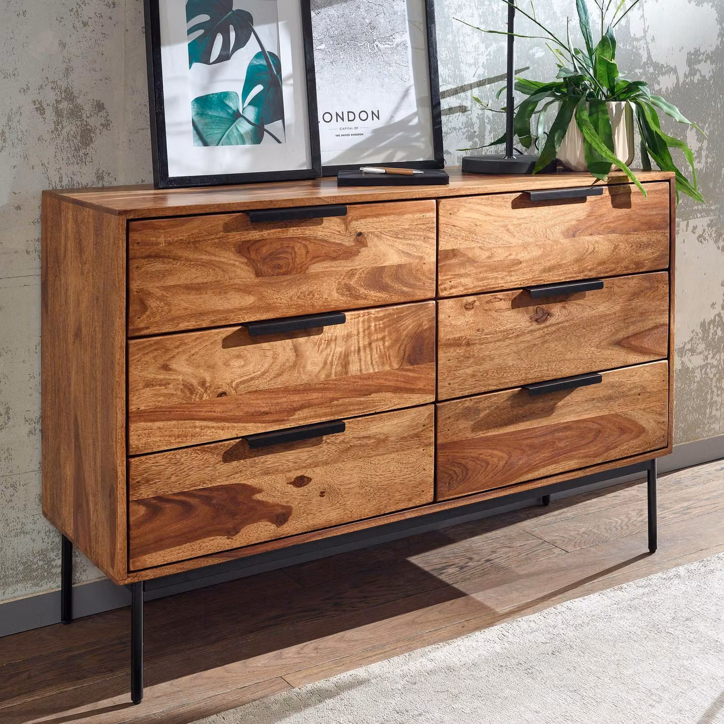 Cassettiera in legno massiccio FineBuy 120cm in sheesham naturale con 6 cassetti credenza in metallo nero