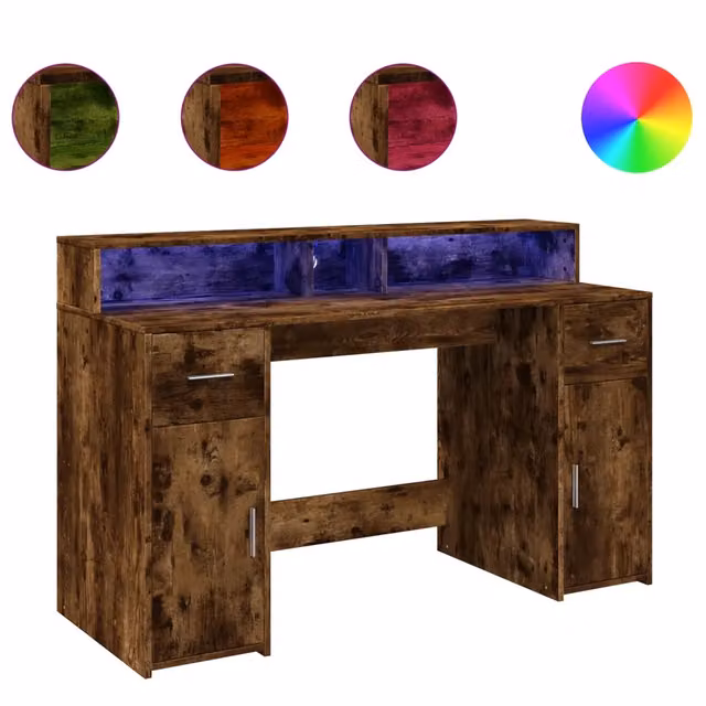 Scrivania | Tavolo da Ufficio con Luci LED Rovere Fumo 140x55x91 cm in Multistrato