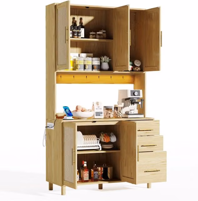 Credenza moderna in MDF beige con illuminazione LED integrata, 3 cassetti, 5 ante e ripiani regolabili per cucina, sala da pranzo o ufficio