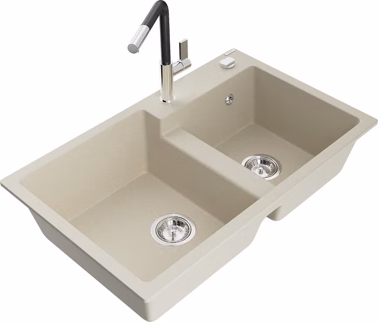 Mexen Tomas lavello in granito a 2 vasche con rubinetto da cucina Flora, beige - 6516-69-670401-07