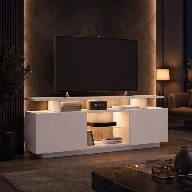 Mobile TV Mivray bianco lucido con illuminazione LED controllabile tramite app, 2 ante e 5 vani aperti, L 140 cm x P 35 cm x H 55 cm