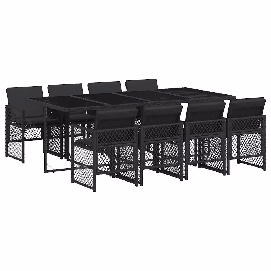 Set da Pranzo da Giardino vidaXL in Polyrattan Nero con Cuscini e Tavolo in Vetro, 9 Pezzi – 2