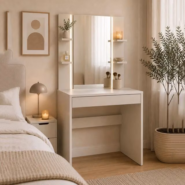 Toeletta con specchio DMORA, Mobile da trucco moderno in beige, L: 80 cm, P: 40 cm, H: 136 cm – 1