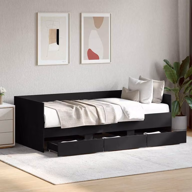 vidaXL Divano Letto Moderno con Cassetti in Tessuto Nero L: 193 cm, P: 78 cm, H: 65 cm
