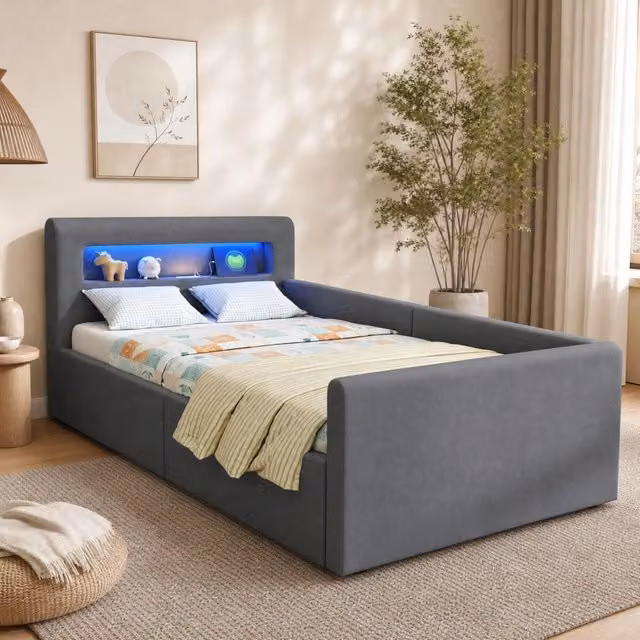 Letto singolo imbottito per bambini 90x200 cm con LED, luce notturna, porta USB, ripiano e vano contenitore idraulico, rivestimento in velluto grigio scuro