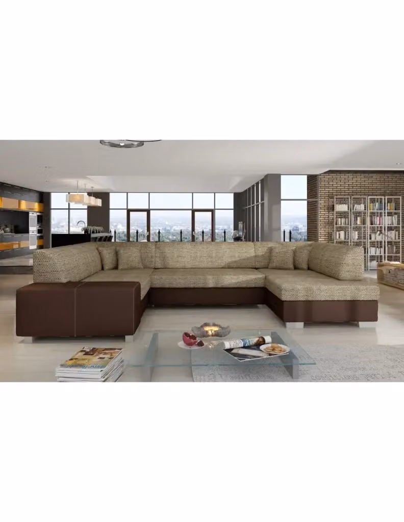Divano panoramico a U HAVANA MEUBLORAMA convertibile da 6 posti, Beige e Marrone, con seduta in schiuma e struttura in legno, L: 322 cm, P: 176 cm, H: 204 cm – 2