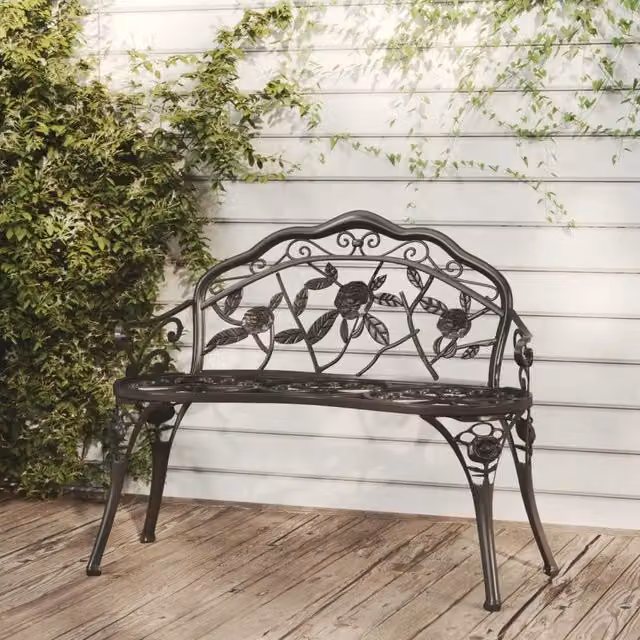 Panchina da giardino vidaXL in alluminio pressofuso nero con braccioli e design floreale – 1
