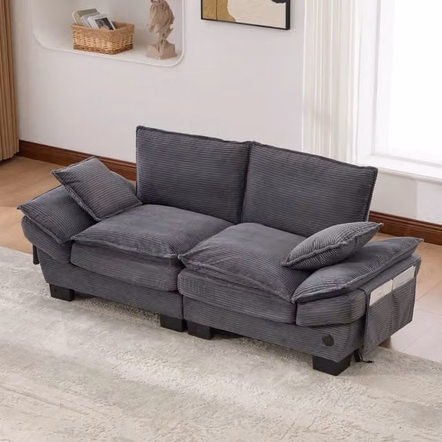 Divano 2 posti in tessuto corduroy con seduta ergonomica, porta USB-C e tasche laterali, grigio scuro